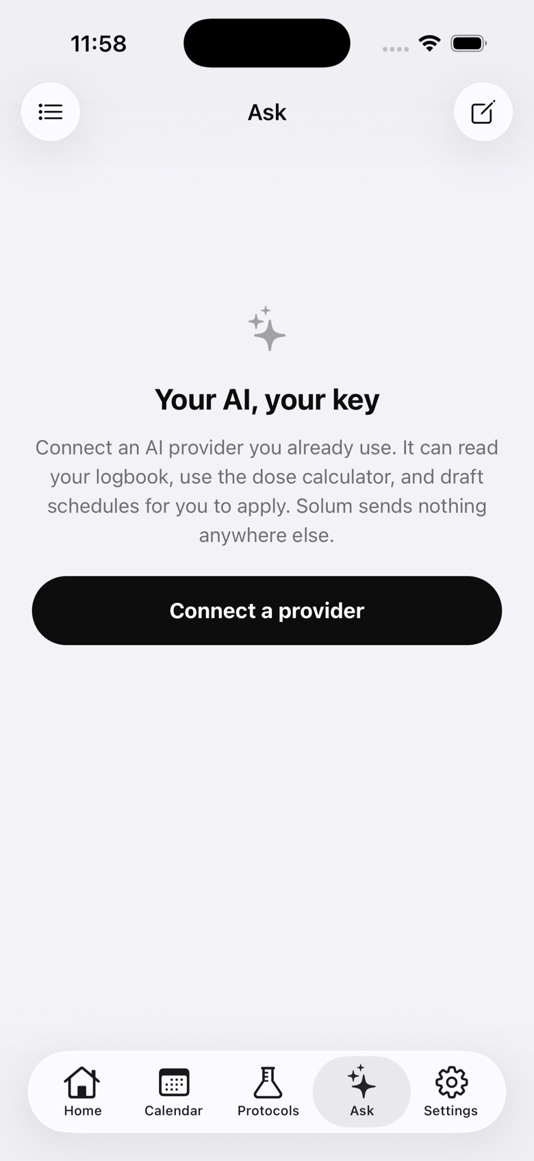 The Ask tab before a provider is connected, with the Connect a provider button.