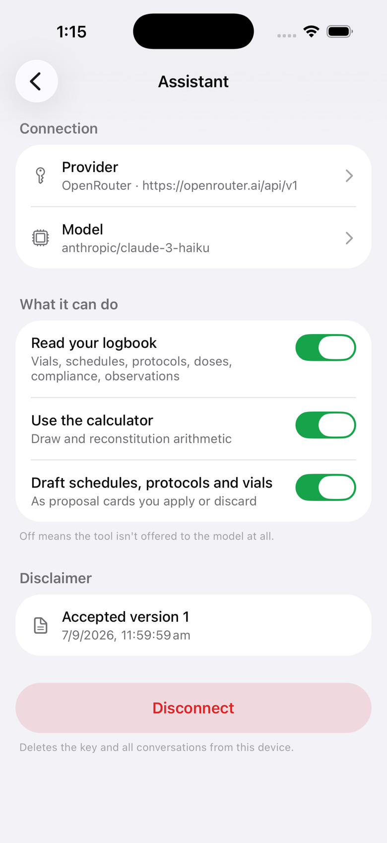 Settings, Assistant: model picker, capability toggles and the Disconnect button.