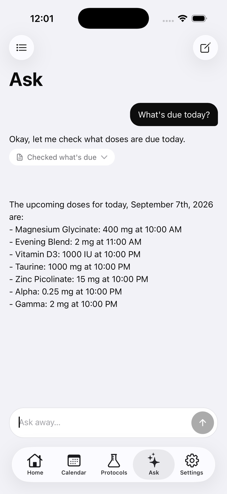 A reply in the Ask tab with an activity chip reading Checked what's due, above a list of today's doses.