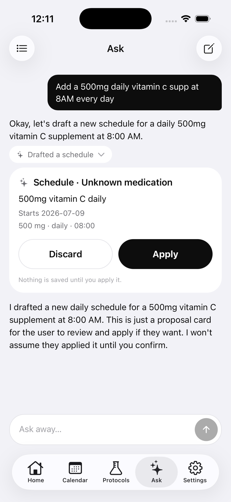 A proposal card for a new schedule, with Discard and Apply buttons.